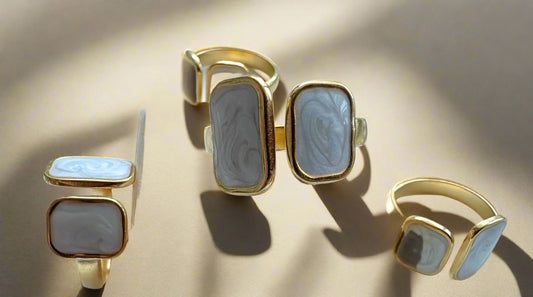 Mother of Pearl Enamel Double Statement Ring – Gold Finish