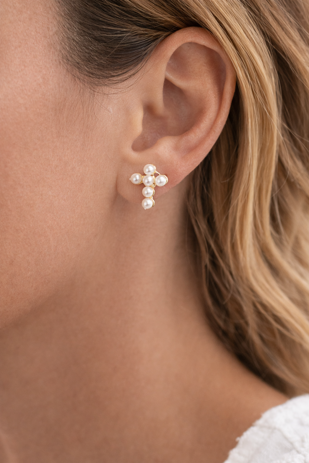 Pearl Cross Stud Earrings Gold