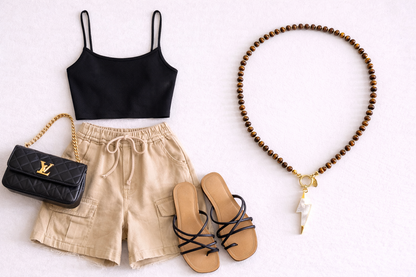 Tiger Eye & Mother of Pearl Bolt Necklcace Set