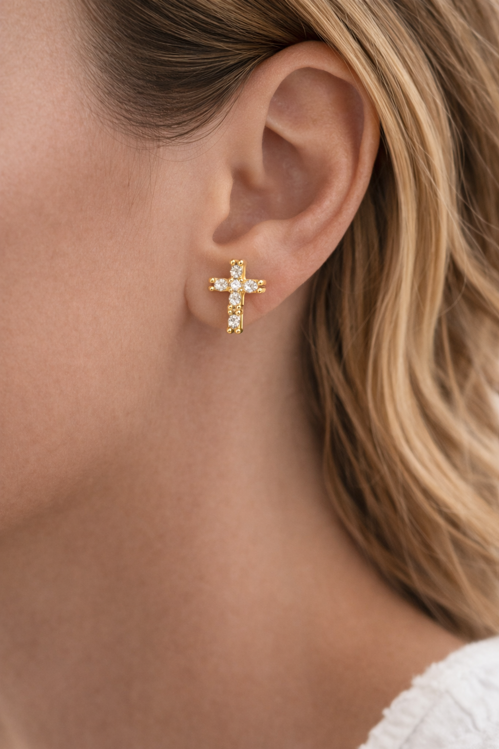 Gold Cross Stud Earrings with Colored Zircon