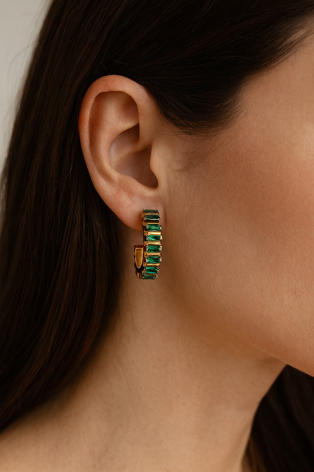 Gold Emerald Huggie Earrings – Baguette CZ