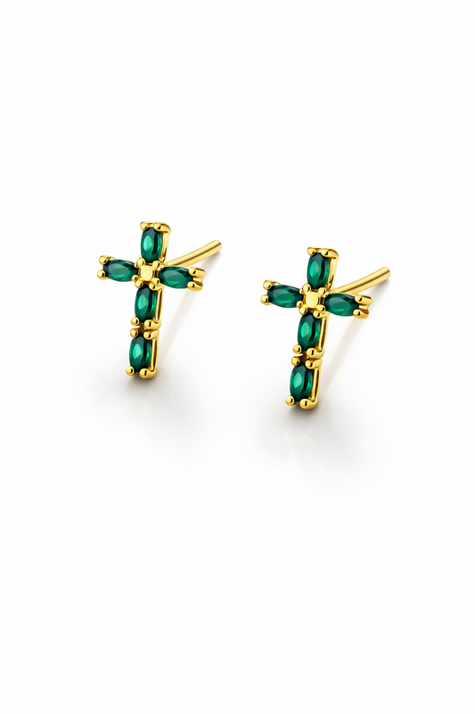 Gold Cross Stud Earrings with Colored Zircon