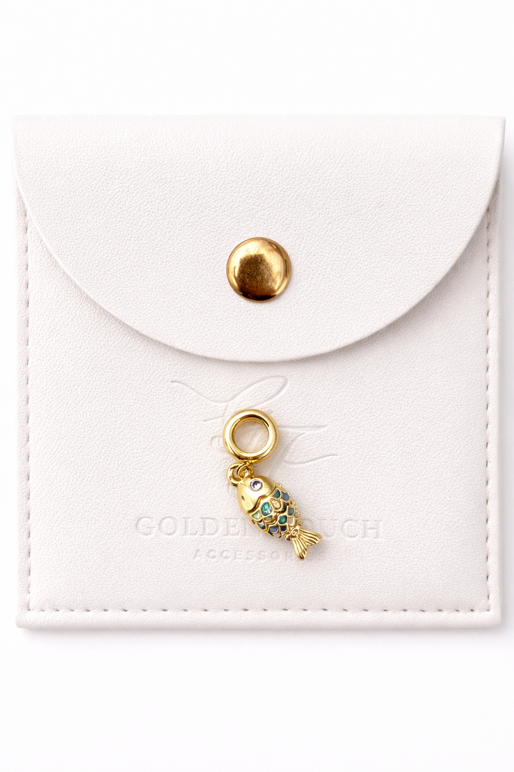 Gold small fish charm pendant with turquoise and green dots 