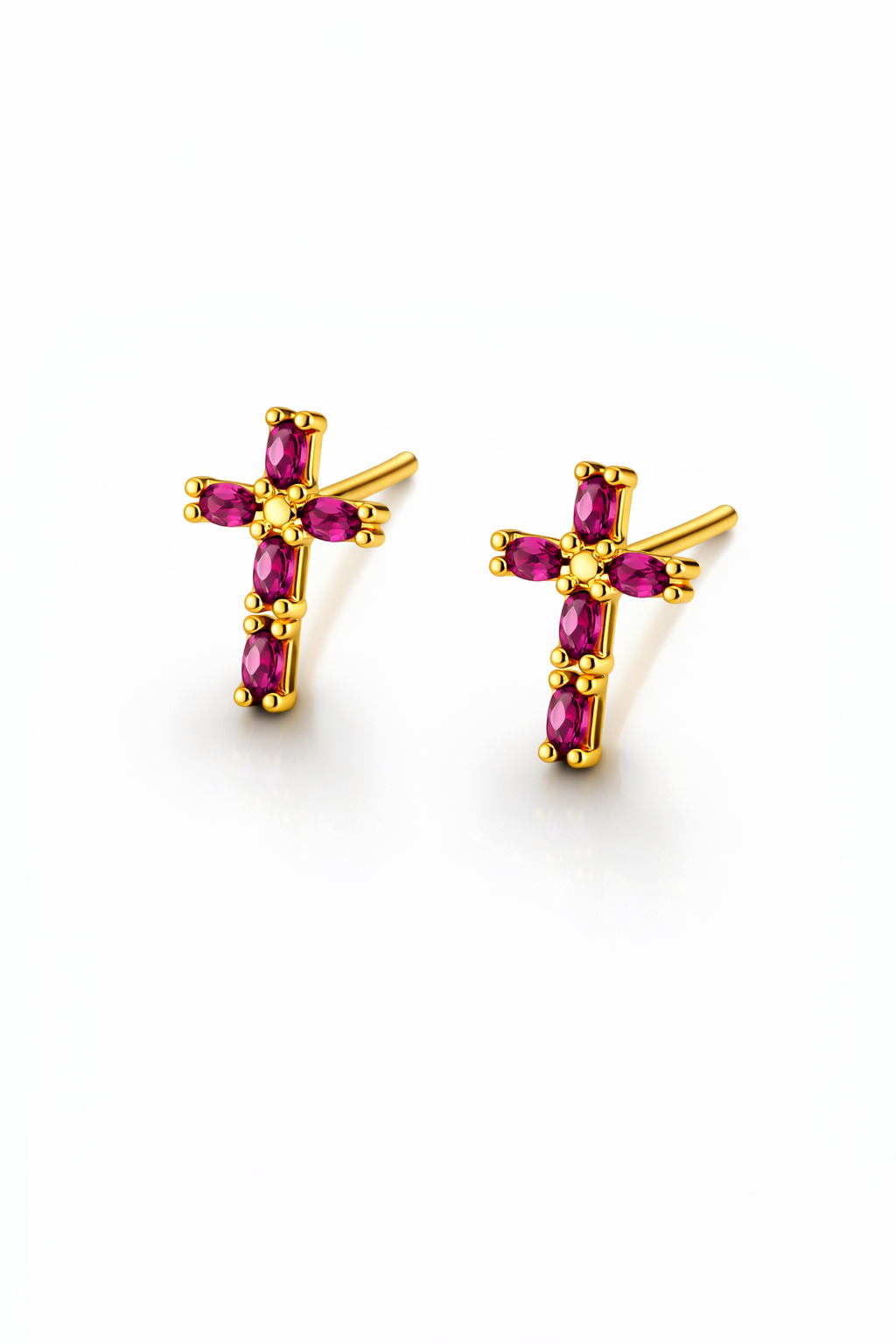 Gold Cross Stud Earrings with Colored Zircon