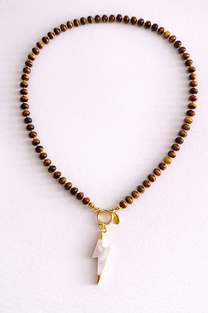 Tiger Eye & Mother of Pearl Bolt Necklcace Set