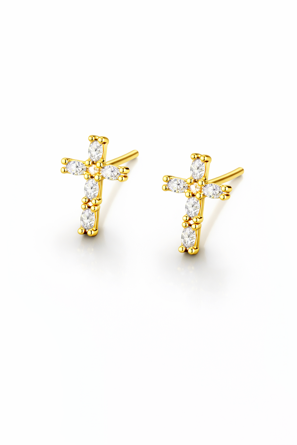 Gold Cross Stud Earrings with Colored Zircon