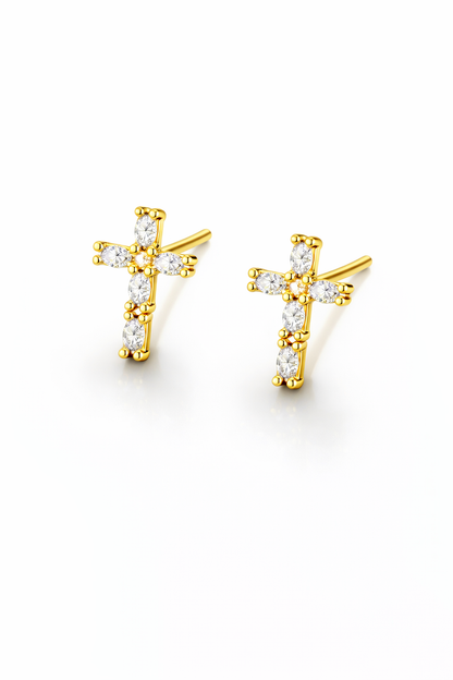 Gold Cross Stud Earrings with Colored Zircon