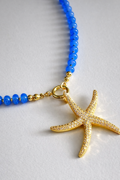 Ocean Blue Beaded Necklace with Gold Starfish Charm (Must-Have)