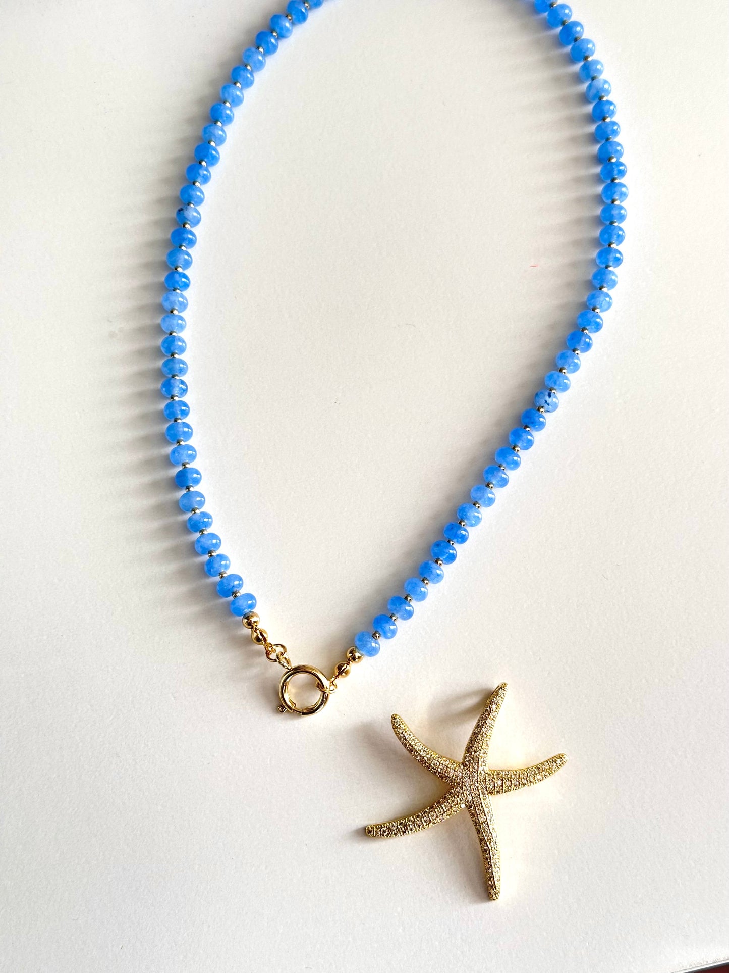Ocean Blue Beaded Necklace with Gold Starfish Charm (Must-Have)