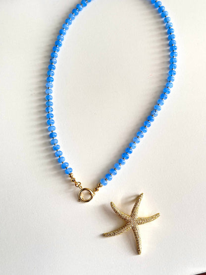 Ocean Blue Beaded Necklace with Gold Starfish Charm (Must-Have)