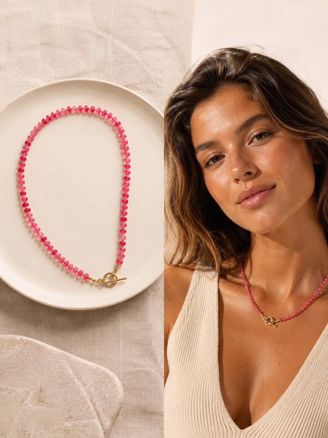 A split image showing a strawberry pink agate beaded necklace with a front tbar clasp on a white plate on the left, and a woman wearing the necklace on the right.