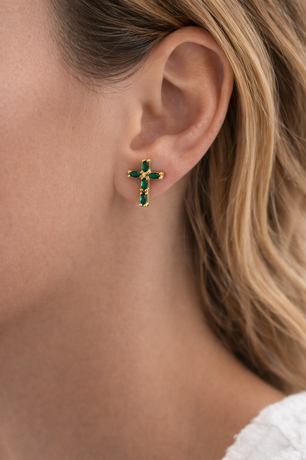 Gold Cross Stud Earrings with Colored Zircon