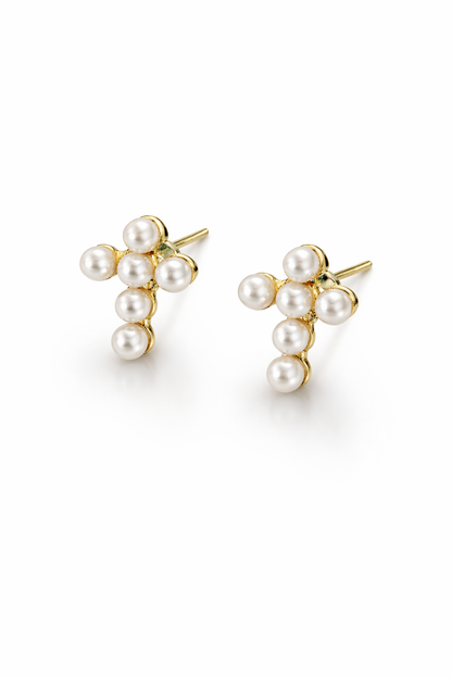 Pearl Cross Stud Earrings Gold