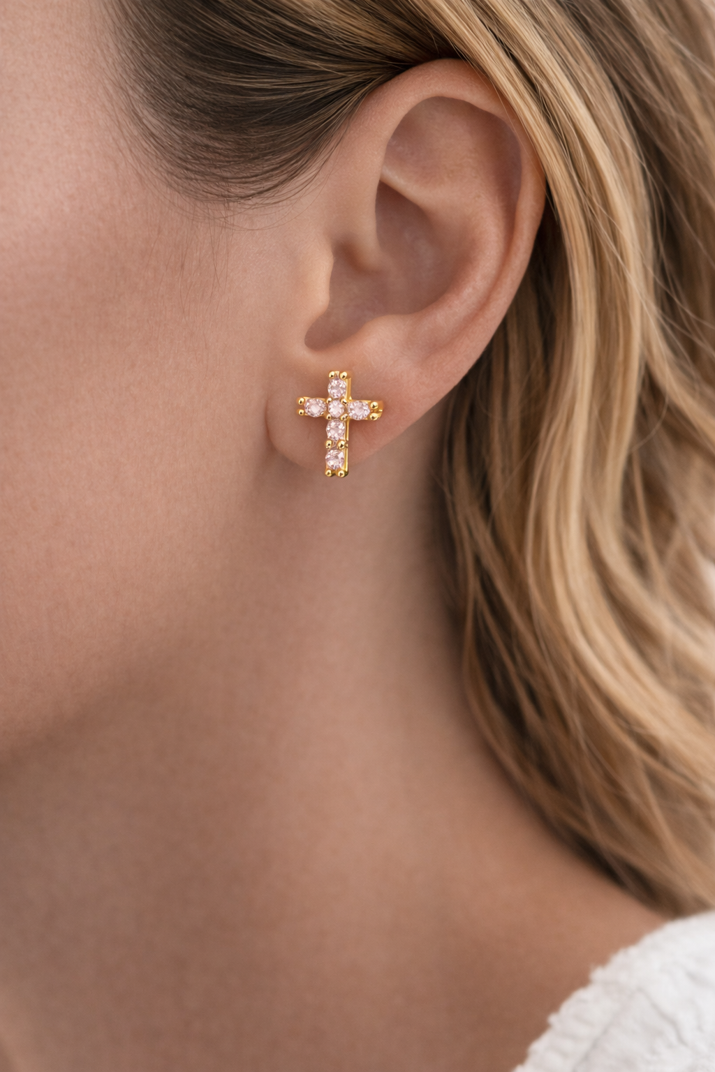 Gold Cross Stud Earrings with Colored Zircon