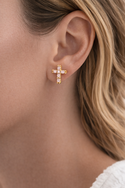 Gold Cross Stud Earrings with Colored Zircon