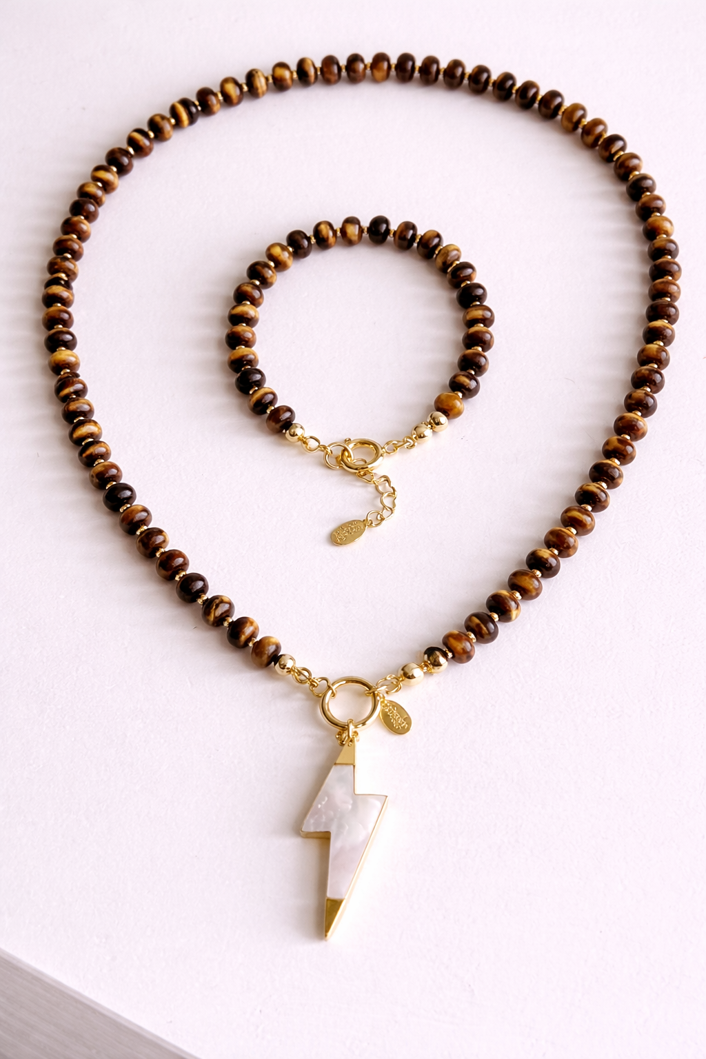 Tiger Eye & Mother of Pearl Bolt Necklcace Set