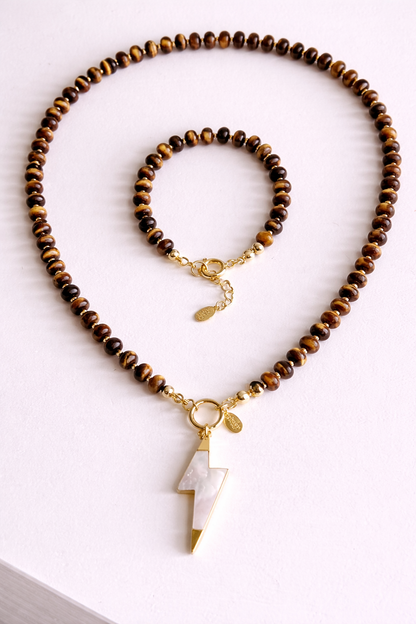 Tiger Eye & Mother of Pearl Bolt Necklcace Set