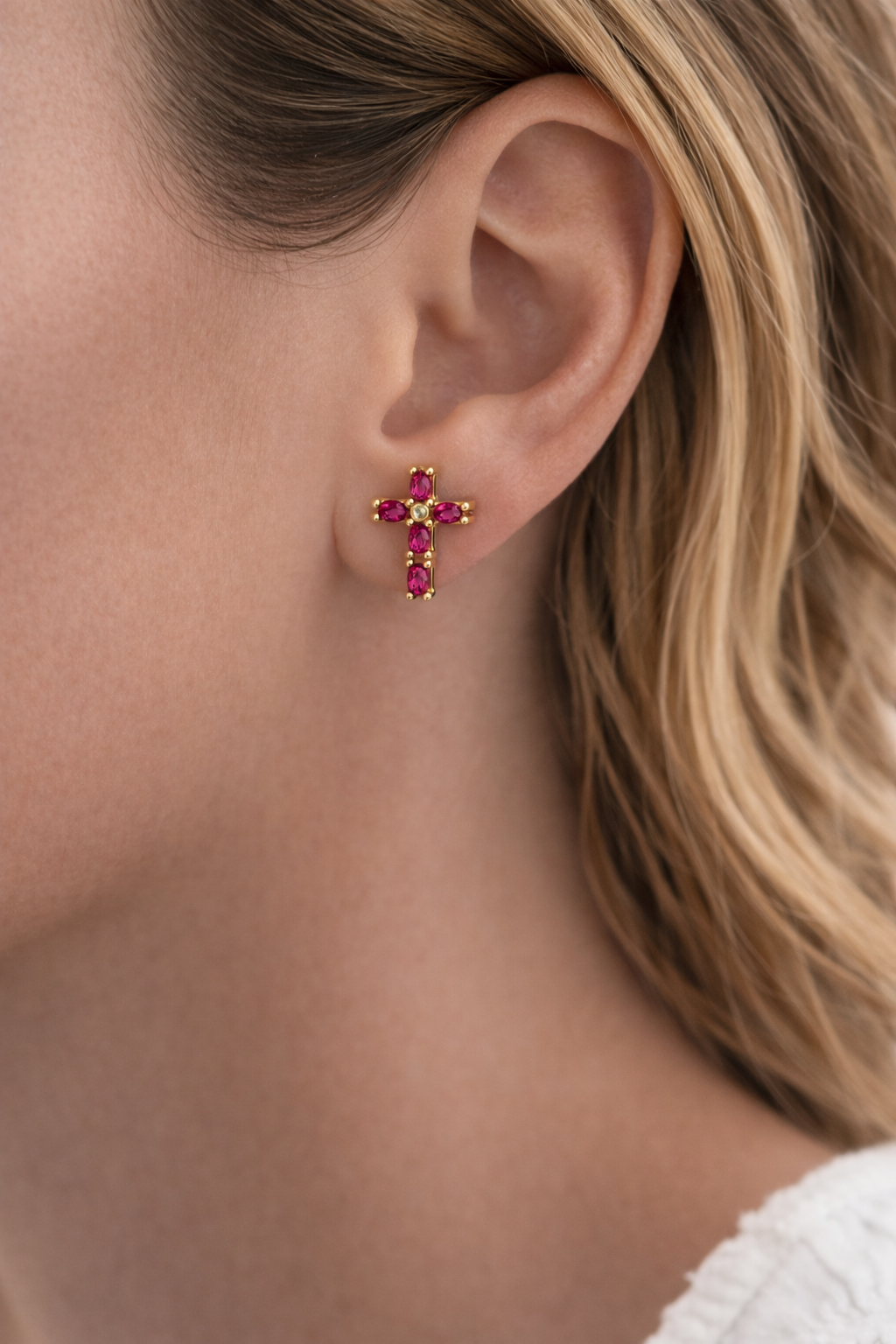 Gold Cross Stud Earrings with Colored Zircon