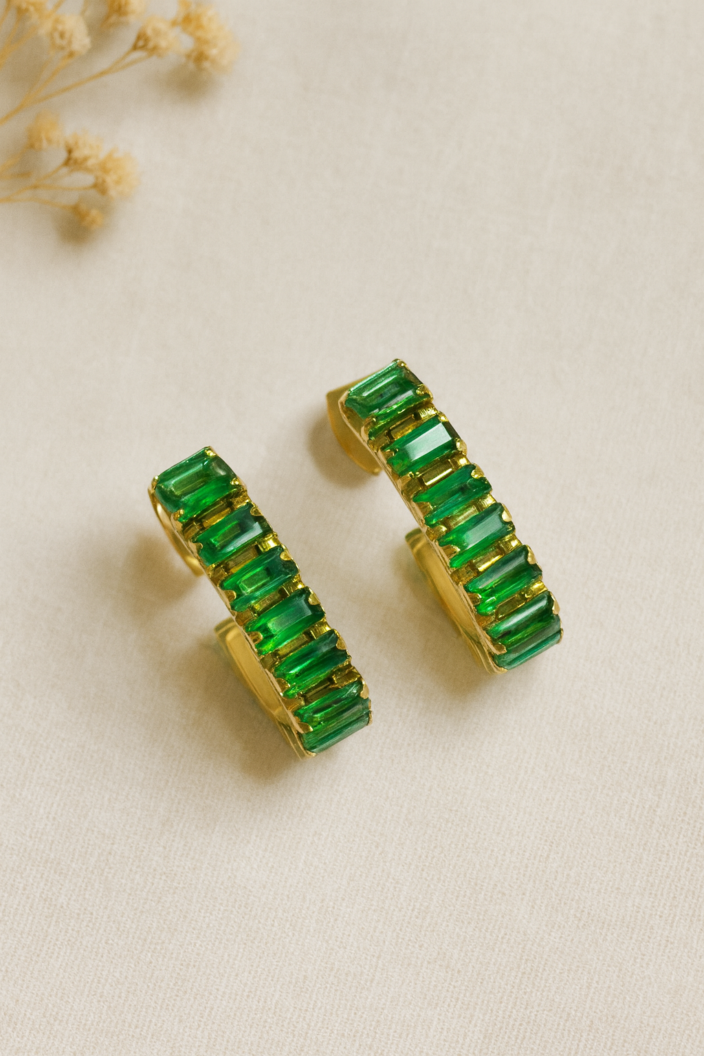 Gold Emerald Huggie Earrings – Baguette CZ