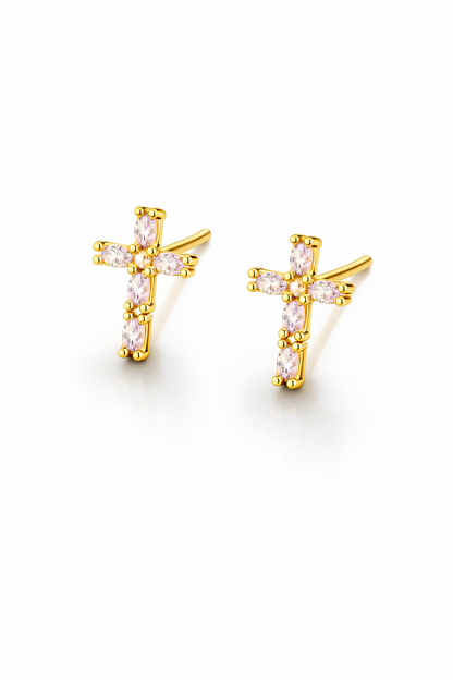 Gold Cross Stud Earrings with Colored Zircon