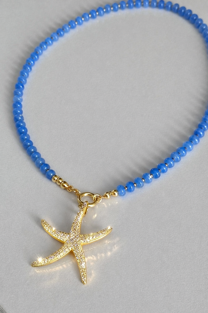 Ocean Blue Beaded Necklace with Gold Starfish Charm (Must-Have)