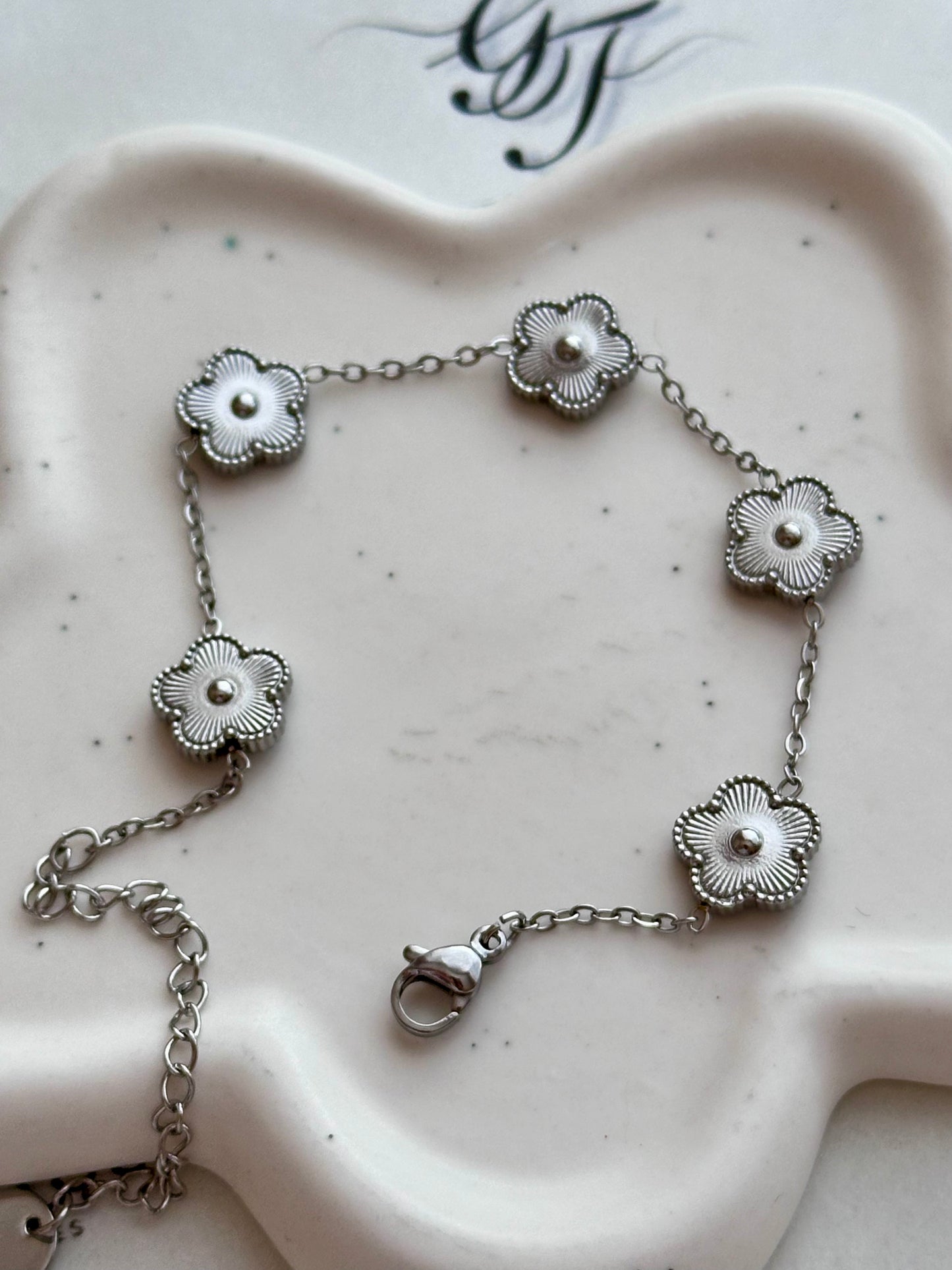 Silver Flower Chain Bracelet | Titanium Steel Floral Link Bracelet