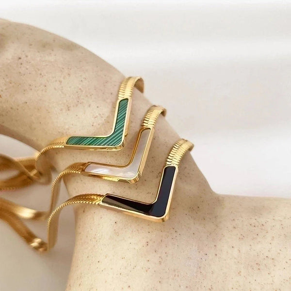Victoria V Herringbone Necklace – Gold Enamel Statement Necklace (White, Black, Green)