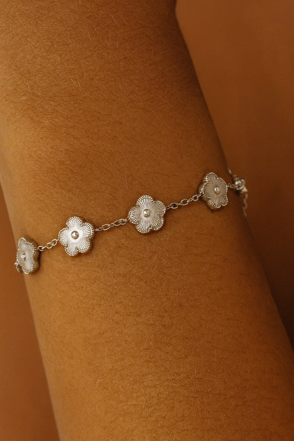 Silver Flower Chain Bracelet | Titanium Steel Floral Link Bracelet
