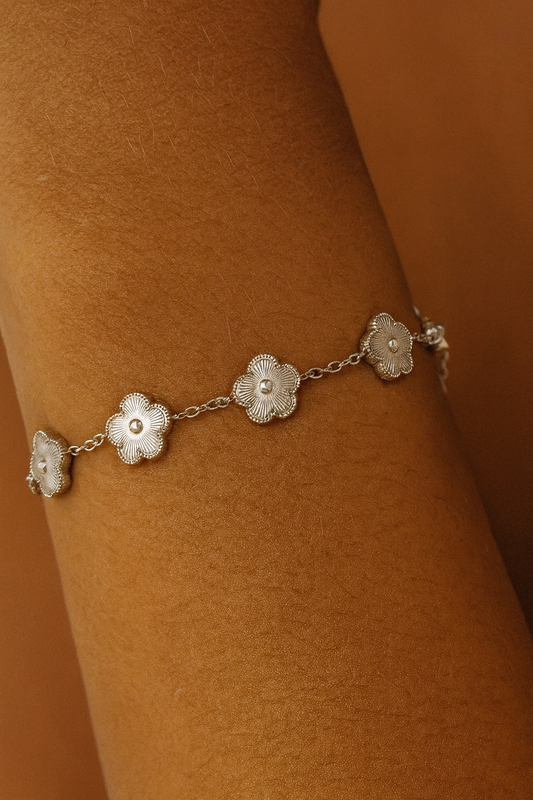 Silver Flower Chain Bracelet | Titanium Steel Floral Link Bracelet