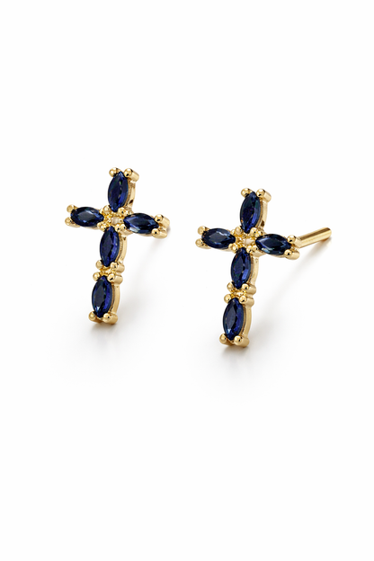 Gold Cross Stud Earrings with Colored Zircon