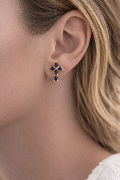 Gold Cross Stud Earrings with Colored Zircon