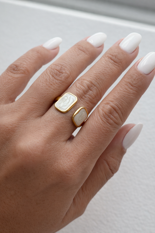 Mother of Pearl Enamel Double Statement Ring – Gold Finish