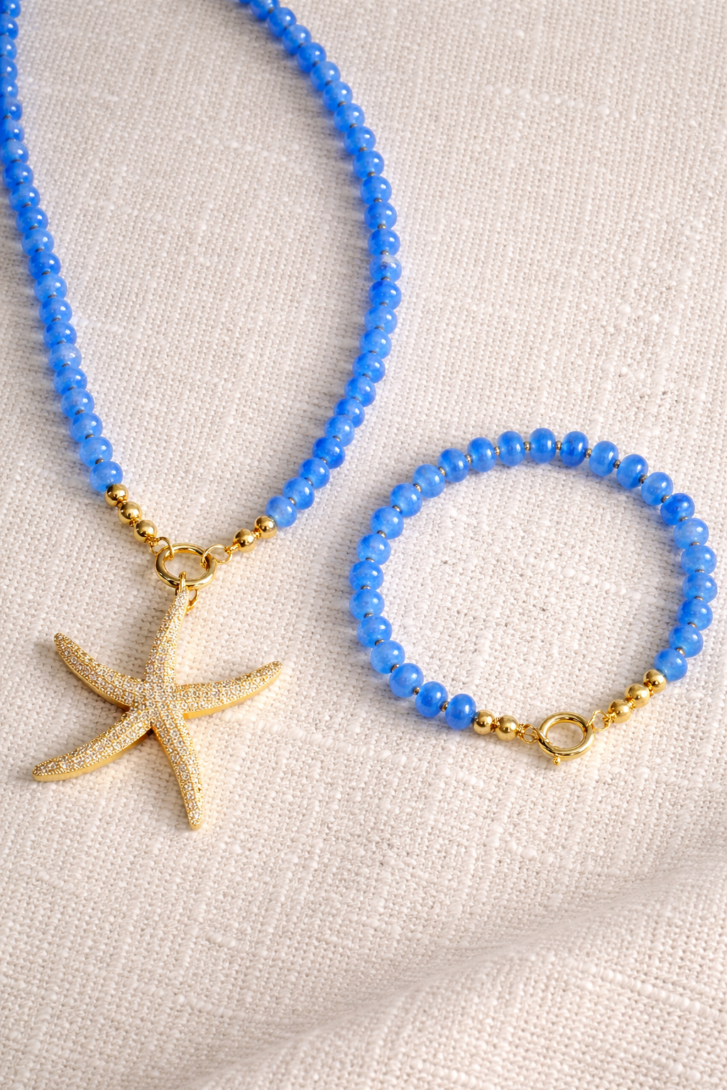 Ocean Blue Beaded Necklace with Gold Starfish Charm (Must-Have)