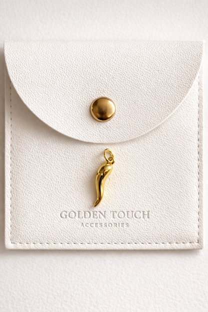 Gold pepper-shaped charm on a white card with 'GOUDEN TOUCH ACCESSORIES' branding.