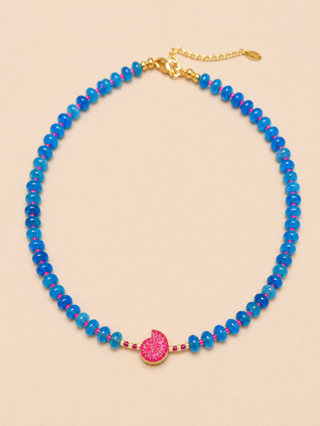 Agate blue beaded necklace with hot pink accents with a  shell charm in the middle. Summer necklace 