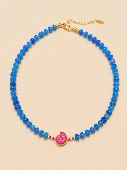 Agate blue beaded necklace with hot pink accents with a  shell charm in the middle. Summer necklace 