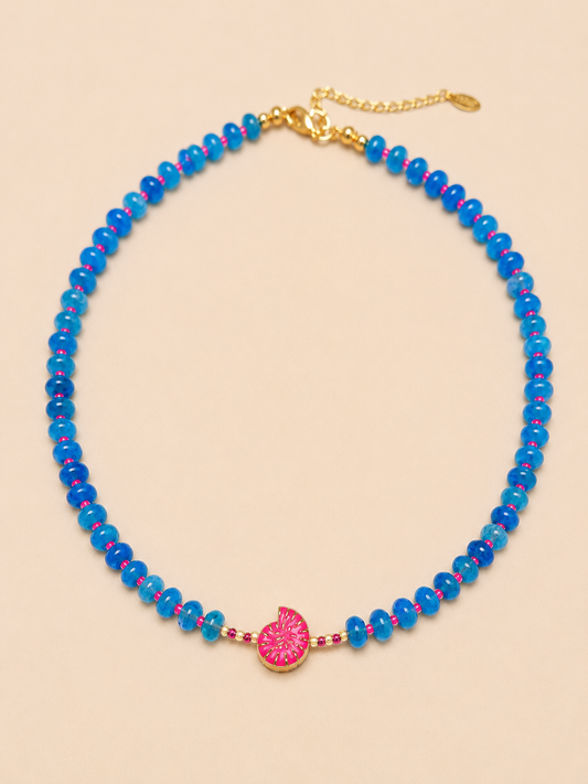 Agate blue beaded necklace with hot pink accents with a  shell charm in the middle. Summer necklace 